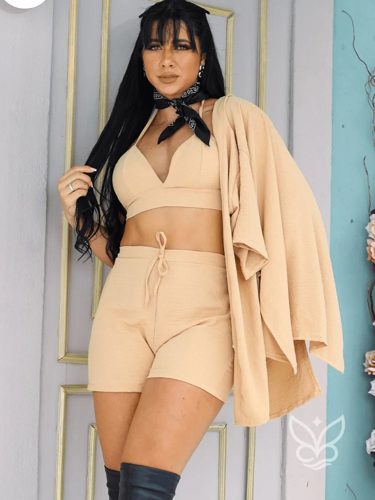 Conjunto Loungewear Top Cropped Shorts E Kimono Bege / PP Conjunto Loungewear Top Cropped Shorts E Kimono