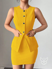 Conjunto Regata Com Bolsos E Saia Bodycon Curta Amarela / PP Conjunto Regata Com Bolsos E Saia Bodycon Curta