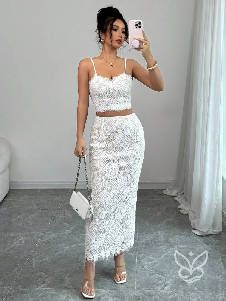 Conjunto Renda Com Cropped De Alças Finas E Saia Midi Ajustada Branco / PP Conjunto Renda Com Cropped De Alças Finas E