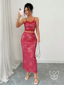 Conjunto Renda Com Cropped De Alças Finas E Saia Midi Ajustada Vermelho / PP Conjunto Renda Com Cropped De Alças Finas