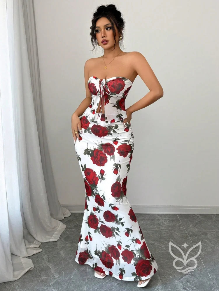 Conjunto Saia Longa E Cropped Tomara Que Caia Estampa Floral Conjunto Alfaiataria Cropped De Alças Finas E Calça