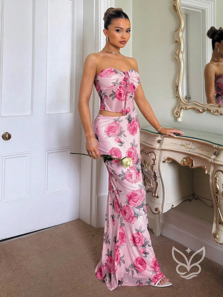 Conjunto Saia Longa E Cropped Tomara Que Caia Estampa Floral Conjunto Alfaiataria Cropped De Alças Finas E Calça