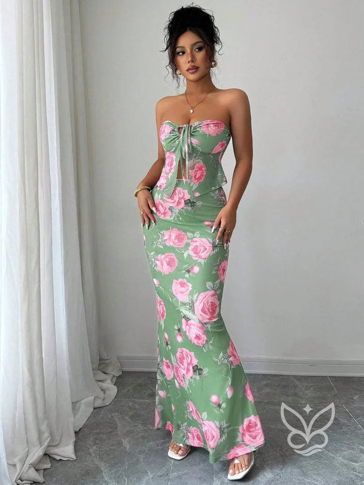 Conjunto Saia Longa E Cropped Tomara Que Caia Estampa Floral Conjunto Alfaiataria Cropped De Alças Finas E Calça
