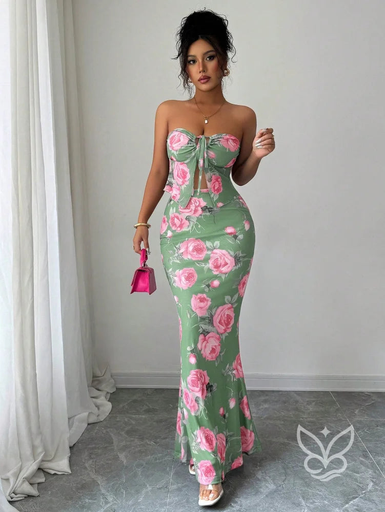 Conjunto Saia Longa E Cropped Tomara Que Caia Estampa Floral Conjunto Alfaiataria Cropped De Alças Finas E Calça