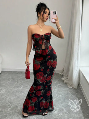 Conjunto Saia Longa E Cropped Tomara Que Caia Estampa Floral Conjunto Alfaiataria Cropped De Alças Finas E Calça