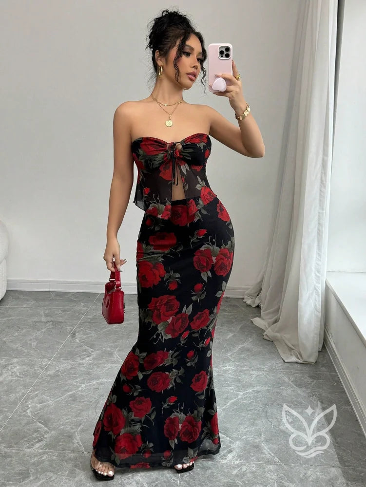 Conjunto Saia Longa E Cropped Tomara Que Caia Estampa Floral Conjunto Alfaiataria Cropped De Alças Finas E Calça