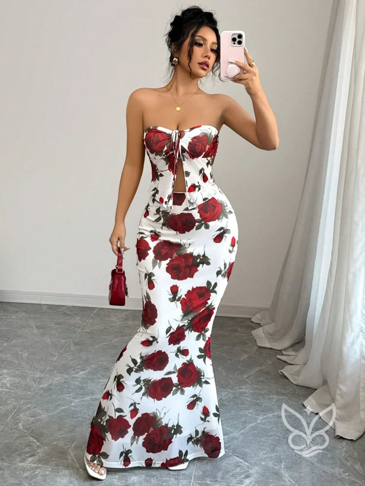 Conjunto Saia Longa E Cropped Tomara Que Caia Estampa Floral Branco / PP Conjunto Alfaiataria Cropped De Alças Finas E