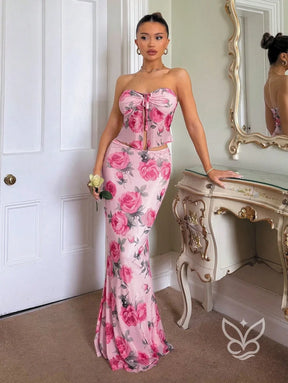 Conjunto Saia Longa E Cropped Tomara Que Caia Estampa Floral Rosa Chiclete / PP Conjunto Alfaiataria Cropped De Alças
