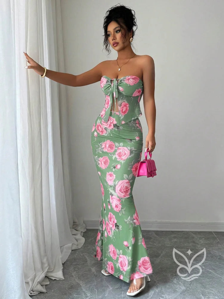 Conjunto Saia Longa E Cropped Tomara Que Caia Estampa Floral Verde / PP Conjunto Alfaiataria Cropped De Alças Finas E