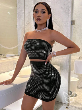Conjunto Tomara Que Caia Com Mini Saia Bodycon E Strass Conjunto Tomara Que Caia Com Mini Saia Bodycon E Strass