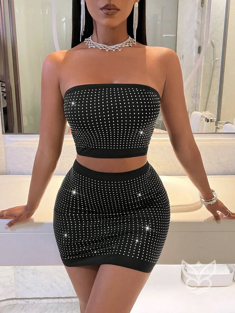 Conjunto Tomara Que Caia Com Mini Saia Bodycon E Strass Preto / PP Conjunto Tomara Que Caia Com Mini Saia Bodycon E
