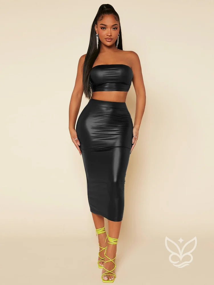Conjunto Tomara Que Caia Com Saia Midi Ajustada Preto / PP Conjunto Tomara Que Caia Com Saia Midi Ajustada