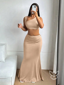Conjunto Top Assimétrico E Saia Longa Ajustada Caqui / PP Conjunto Top Assimétrico E Saia Longa Ajustada
