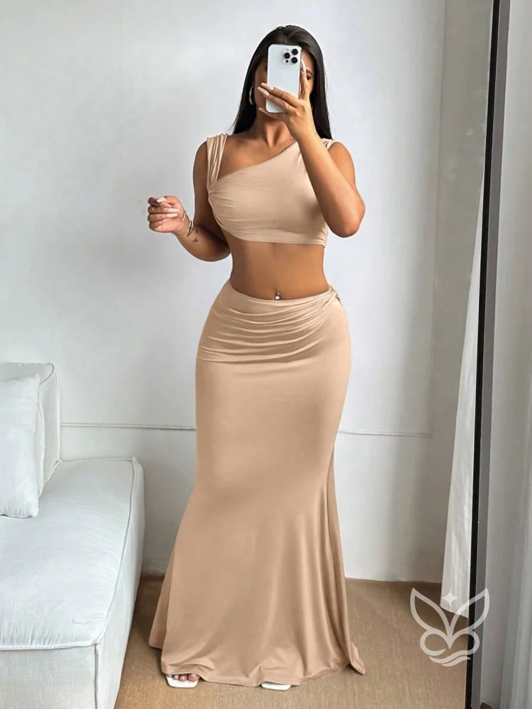Conjunto Top Assimétrico E Saia Longa Ajustada Caqui / PP Conjunto Top Assimétrico E Saia Longa Ajustada