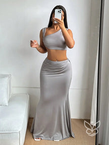 Conjunto Top Assimétrico E Saia Longa Ajustada Cinza / PP Conjunto Top Assimétrico E Saia Longa Ajustada