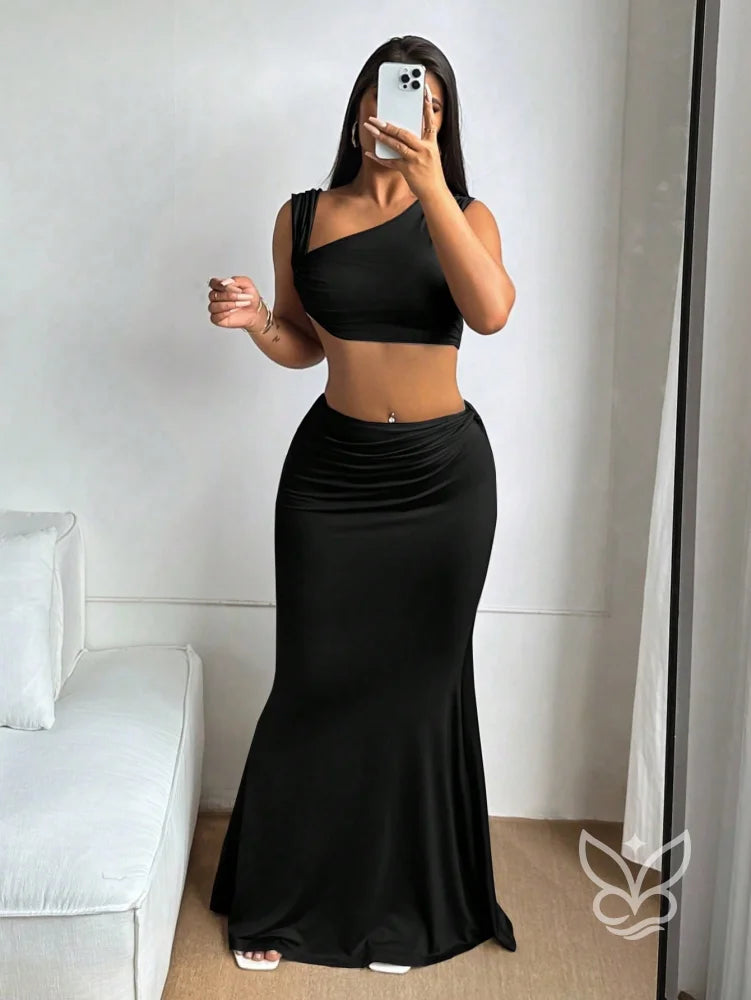 Conjunto Top Assimétrico E Saia Longa Ajustada Preto / PP Conjunto Top Assimétrico E Saia Longa Ajustada