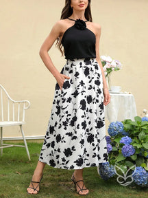 Conjunto Top Ombro A Ombro Elegante E Saia Casual Estampada Preto e Branco / PP Conjunto Top Ombro A Ombro Elegante E