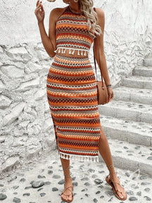 Conjunto Tricot Com Cropped Gola Alta E Saia Midi Com Fenda Estampado / PP Conjunto Tricot Com Cropped Gola Alta E Saia
