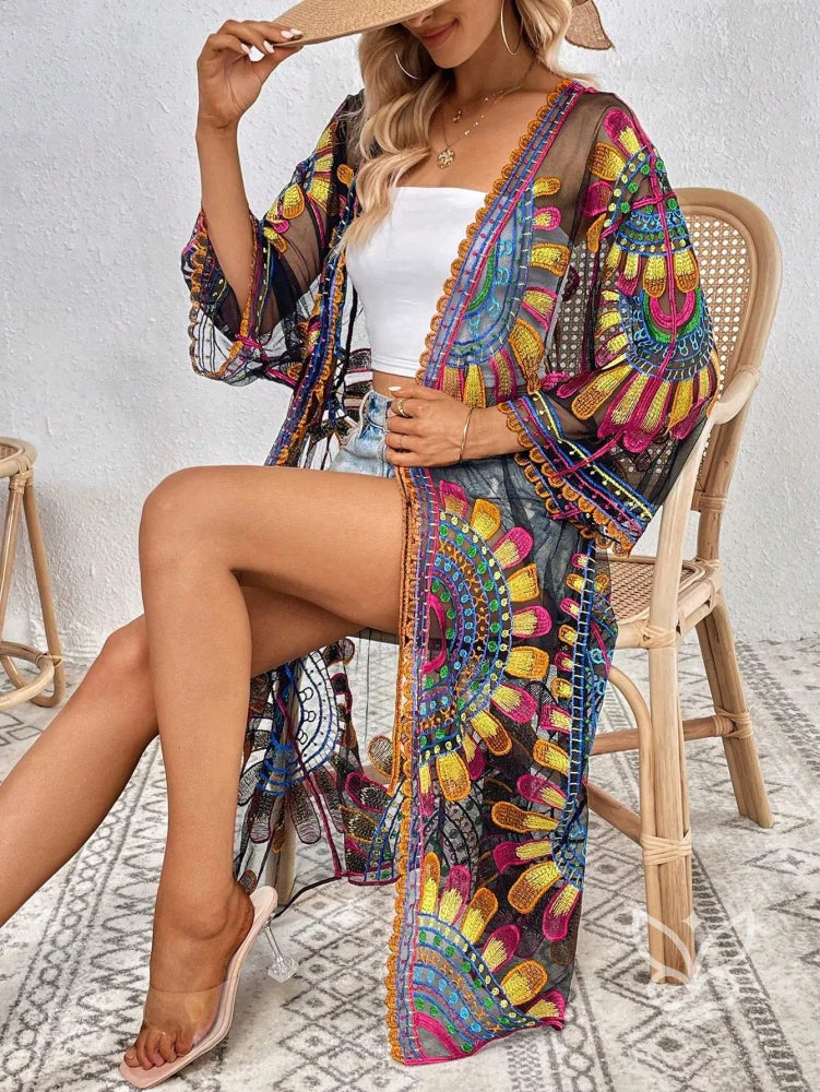 Saída de Praia Kimono Renda Bordado com Transparência Estampa 1 / PP Saída de Praia Kimono Renda Bordado com