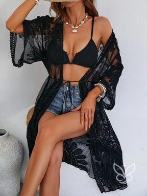 Saída de Praia Kimono Rendada com Transparência Elegante Saída de Praia Kimono Rendada com Transparência Elegante