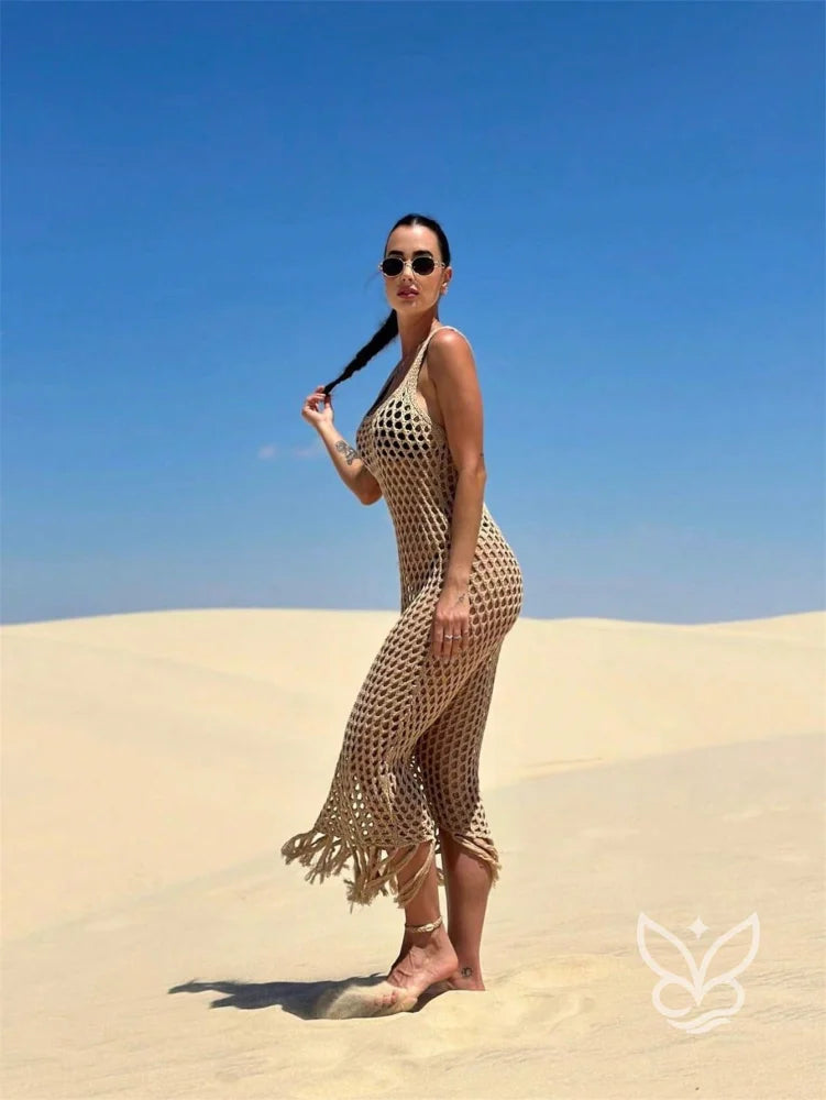 Saída de Praia Longa em Crochê com Fenda e Franjas Saída de Praia Longa em Crochê com Fenda e Franjas