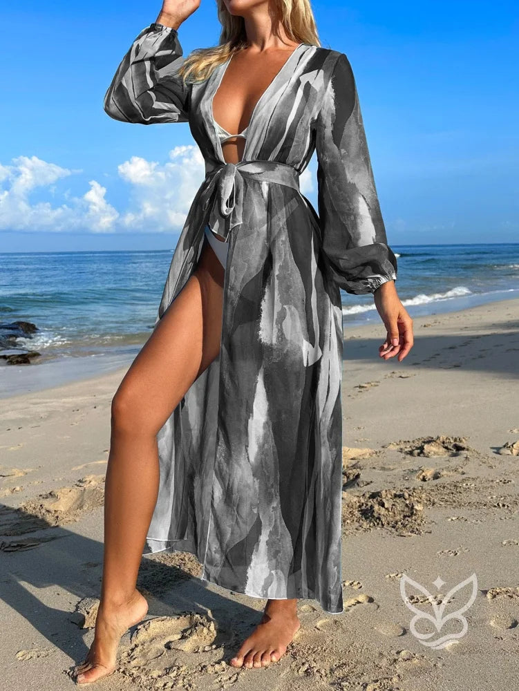 Saída de Praia Longa Estampada com Manga Bufante e Amarração Preto / PP Saída de Praia Longa Estampada com Manga