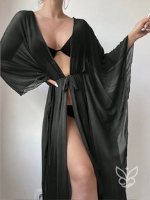 Saída de Praia Longa Transparente com Amarração e Manga Flare Preto / PP Saída de Praia Longa Transparente com