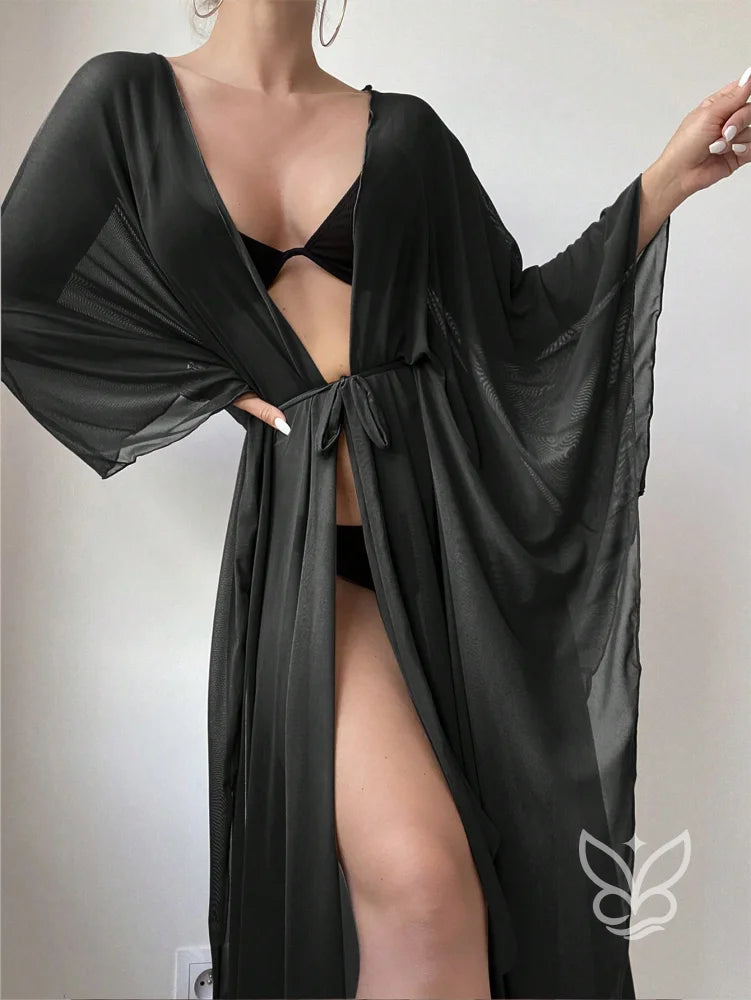 Saída de Praia Longa Transparente com Amarração e Manga Flare Preto / PP Saída de Praia Longa Transparente com