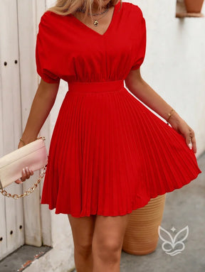 Vestido A-Line Plissado Com Decote V E Cintura Marcada Vermelho / PP Vestido A-Line Plissado Com Decote V E Cintura