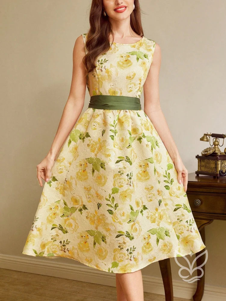 Vestido A-Line Renda Floral Com Cintura Marcada Romântico Amarela / PP Vestido A-Line Renda Floral Com Cintura Marcada