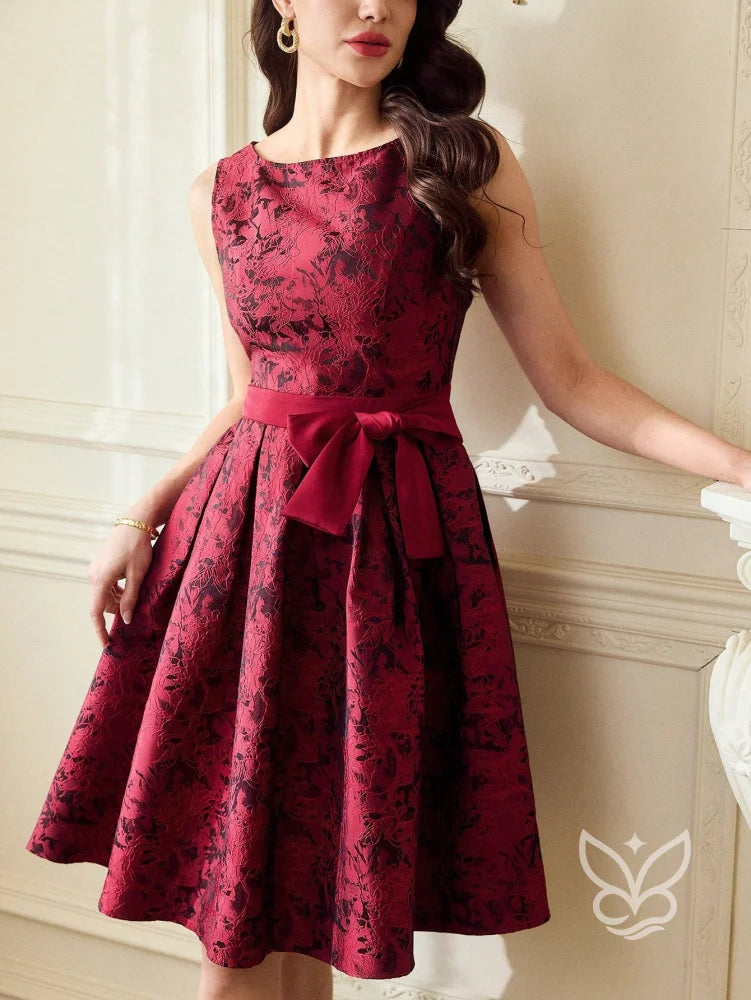 Vestido A-Line Texturizado Com Cintura Marcada E Laço Vermelho / PP Vestido A-Line Texturizado Com Cintura Marcada E