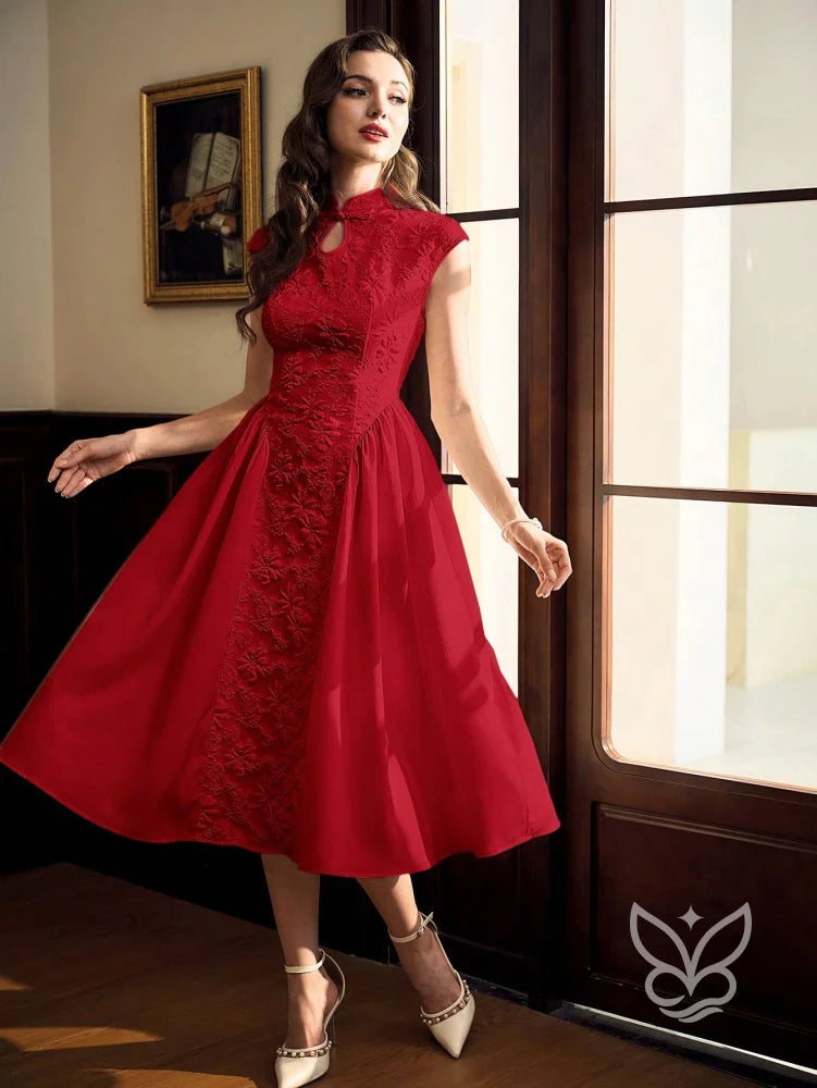 Vestido A-Line Texturizado Com Gola Alta E Elegância Vestido A-Line Texturizado Com Gola Alta E Elegância