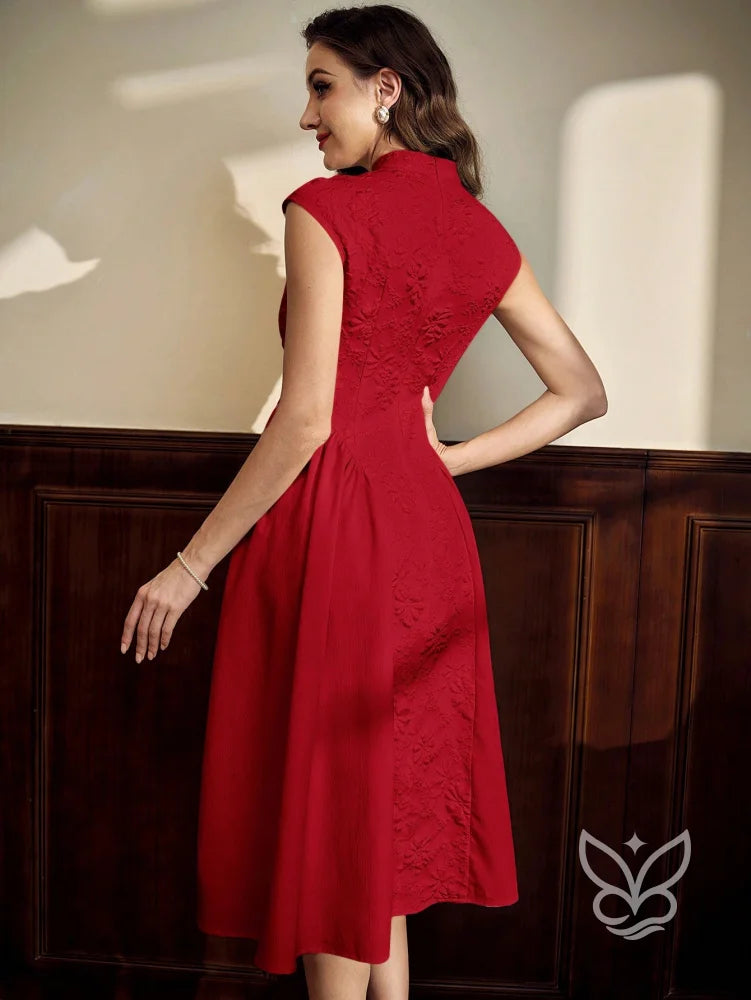 Vestido A-Line Texturizado Com Gola Alta E Elegância Vestido A-Line Texturizado Com Gola Alta E Elegância