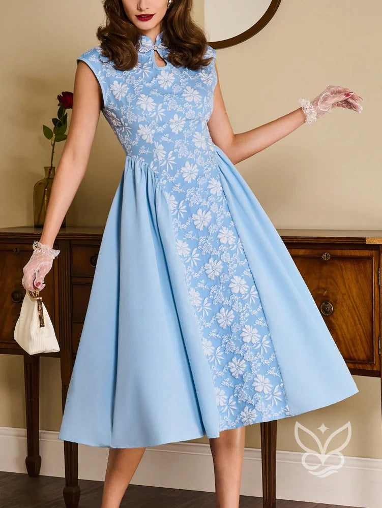 Vestido A-Line Texturizado Com Gola Alta E Elegância Azul / PP Vestido A-Line Texturizado Com Gola Alta E Elegância