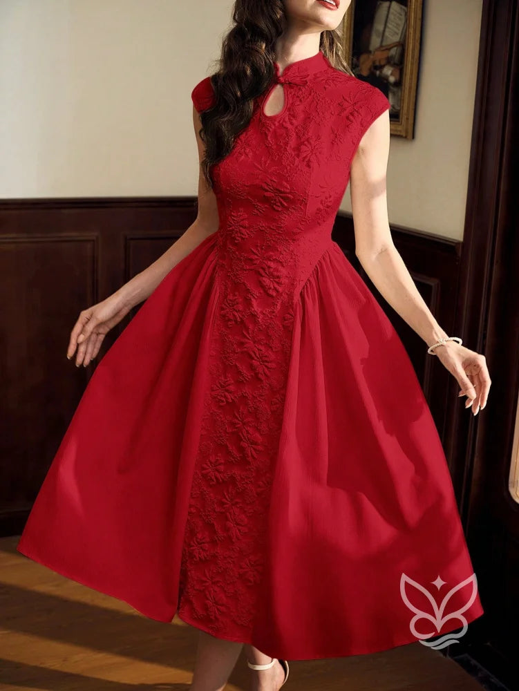Vestido A-Line Texturizado Com Gola Alta E Elegância Vermelho / PP Vestido A-Line Texturizado Com Gola Alta E Elegância