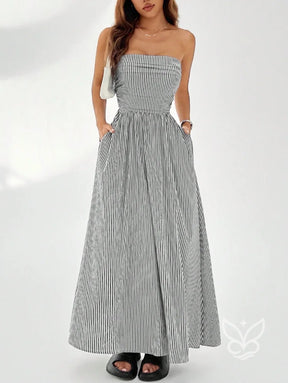 Vestido Bandeau Com Estampa Listrada E Caimento Solto Vestido Bandeau Com Estampa Listrada E Caimento Solto