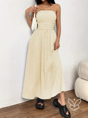 Vestido Bandeau Com Estampa Listrada E Caimento Solto Amarela / PP Vestido Bandeau Com Estampa Listrada E Caimento Solto
