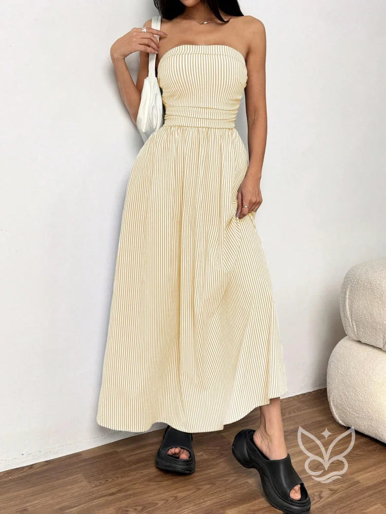 Vestido Bandeau Com Estampa Listrada E Caimento Solto Amarela / PP Vestido Bandeau Com Estampa Listrada E Caimento Solto