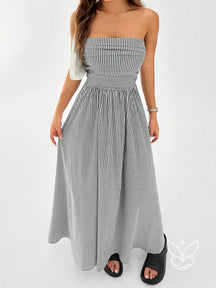 Vestido Bandeau Com Estampa Listrada E Caimento Solto Preto / PP Vestido Bandeau Com Estampa Listrada E Caimento Solto