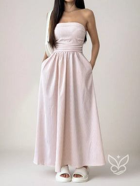 Vestido Bandeau Com Estampa Listrada E Caimento Solto Rosa / PP Vestido Bandeau Com Estampa Listrada E Caimento Solto