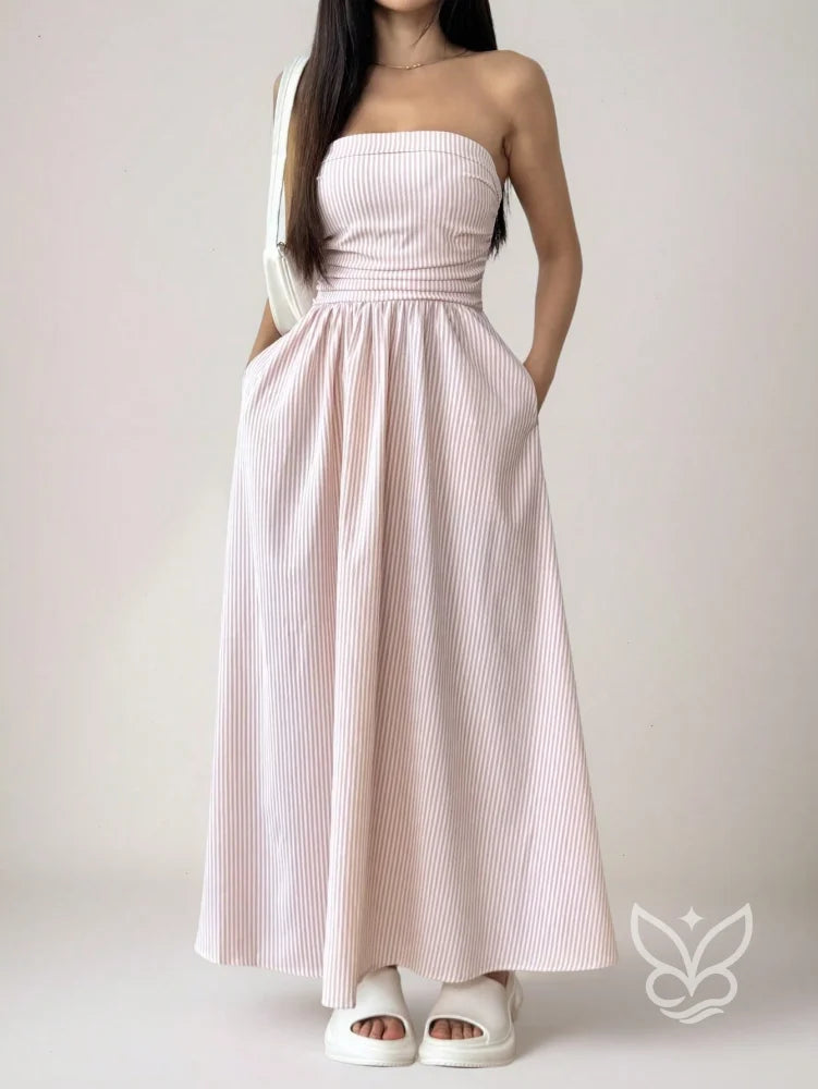 Vestido Bandeau Com Estampa Listrada E Caimento Solto Rosa / PP Vestido Bandeau Com Estampa Listrada E Caimento Solto