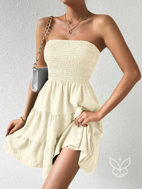 Vestido Bandeau Com Franzidos E Barra Plissada Amarela / PP Vestido Bandeau Com Franzidos E Barra Plissada