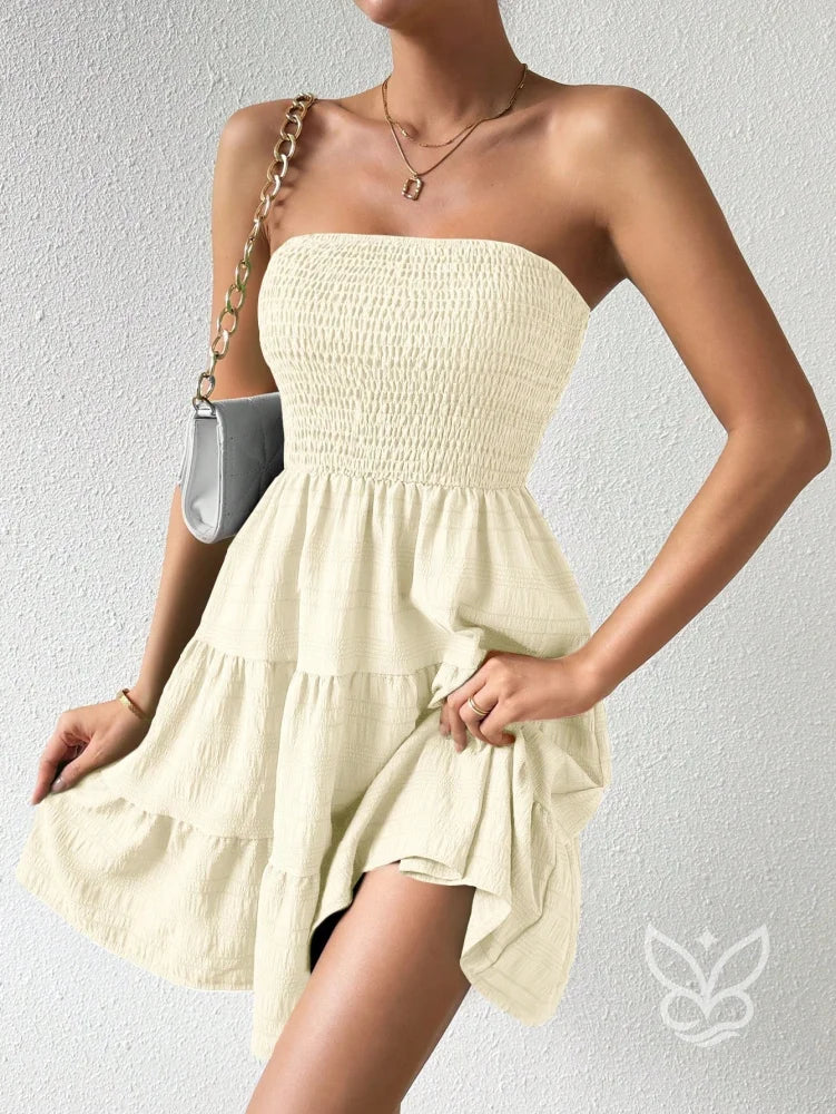 Vestido Bandeau Com Franzidos E Barra Plissada Amarela / PP Vestido Bandeau Com Franzidos E Barra Plissada