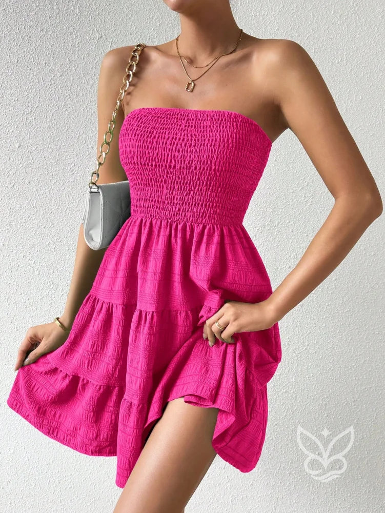 Vestido Bandeau Com Franzidos E Barra Plissada Rosa Pink / PP Vestido Bandeau Com Franzidos E Barra Plissada