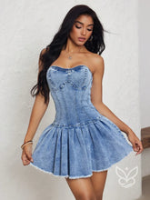 Vestido Bandeau Jeans Com Barra Plissada E Estilo Casual Azul / PP Vestido Bandeau Jeans Com Barra Plissada E Estilo