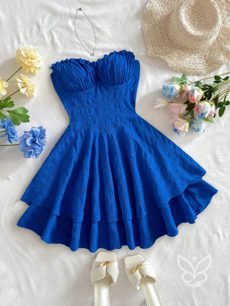 Vestido Bandeau Mini com Franzido no Busto e Barra Assimétrica Azul / PP Vestido Bandeau Mini com Franzido no Busto e