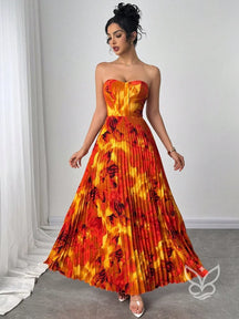 Vestido Bandeau Plissado Com Cintura Marcada E Estampa Tie Dye Laranja / PP Vestido Bandeau Plissado Com Cintura