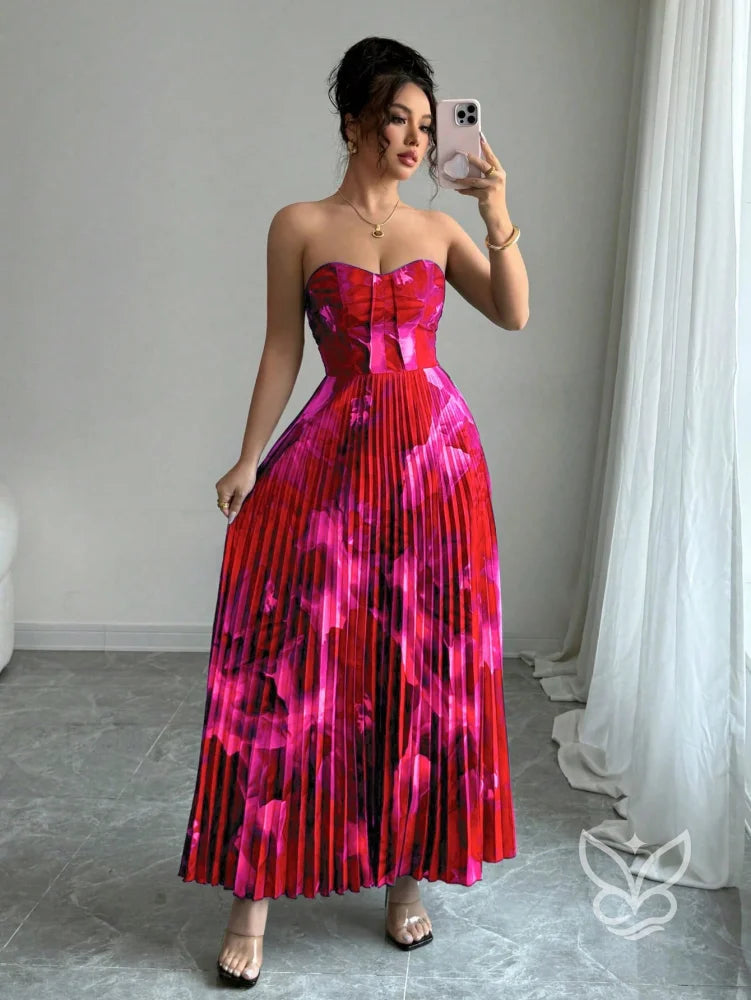 Vestido Bandeau Plissado Com Cintura Marcada E Estampa Tie Dye Vermelho / PP Vestido Bandeau Plissado Com Cintura