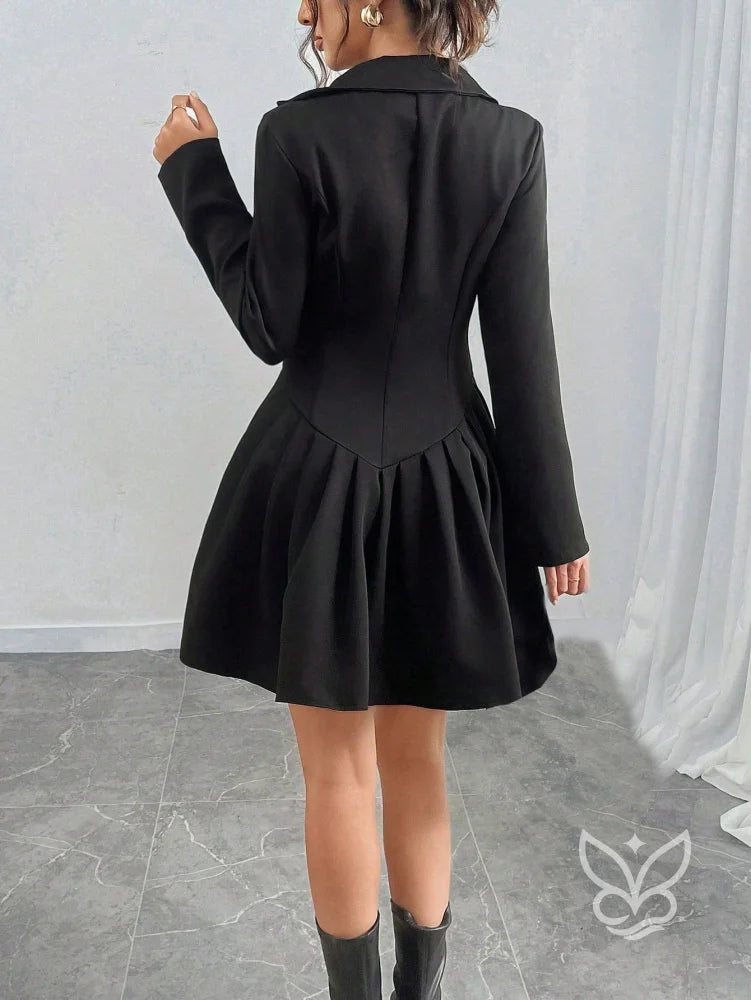 Vestido Blazer Com Botões Duplos E Saia Plissada Elegante Vestido Blazer Com Botões Duplos E Saia Plissada Elegante