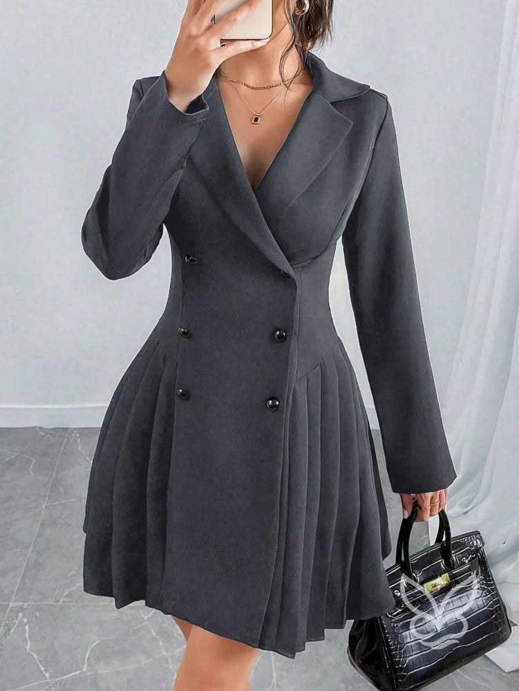Vestido Blazer Com Botões Duplos E Saia Plissada Elegante Cinza / PP Vestido Blazer Com Botões Duplos E Saia Plissada